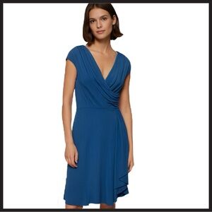 Ralph Lauren Blue Ruched Midi Dress with V-Neck